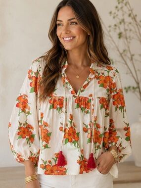 Victoria Dunn Floral Tassel Blouse Botanical Print Boho Ballon Sleeves